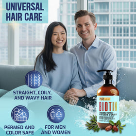 Pure Nature Lux Spa label close-up highlighting biotin and sulfate-free benefits