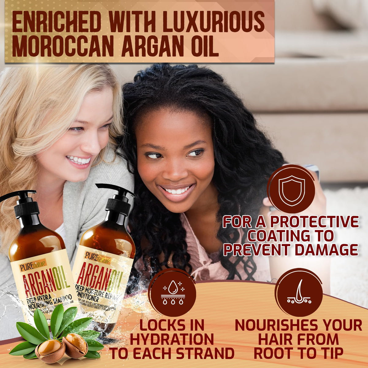 Pure Nature Lux Spa label closeup highlights keratin and argan oil ingredients for shine