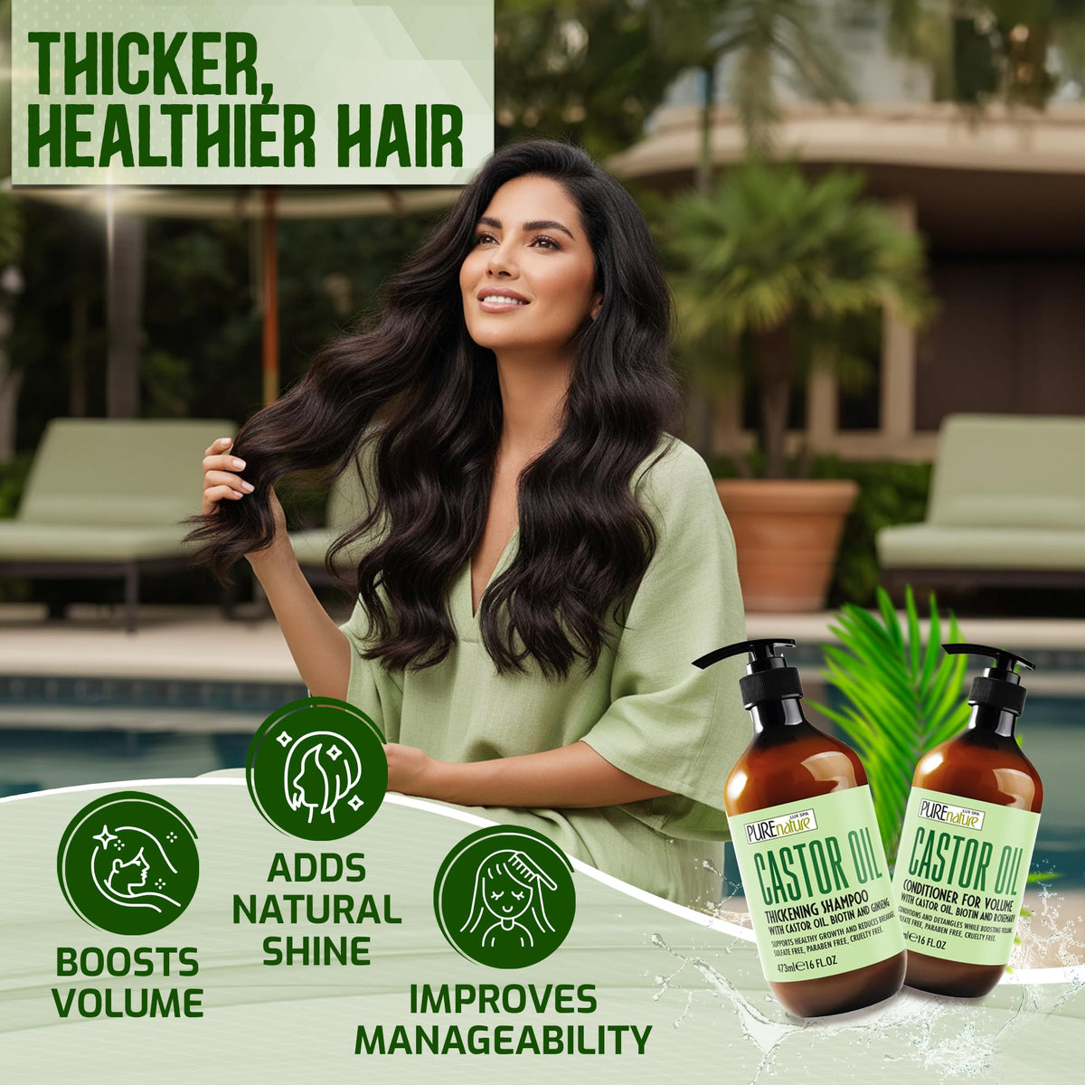 PURE NATURE LUX SPA label detail showing castor oil and keratin benefits