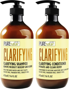 PURE NATURE LUX SPA front view of shampoo and conditioner set shows clean packaging and benefits