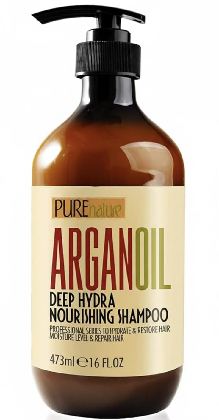 Pure Nature Lux Spa front bottle showing argan shampoo and hydrating benefit