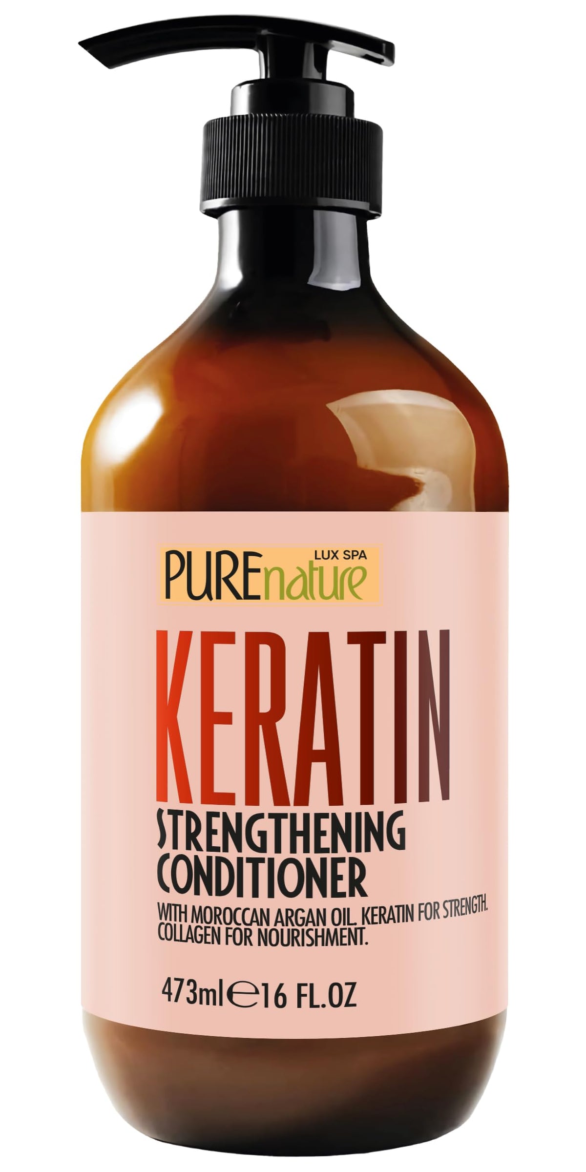 PURE NATURE LUX SPA front bottle showing keratin conditioner benefits