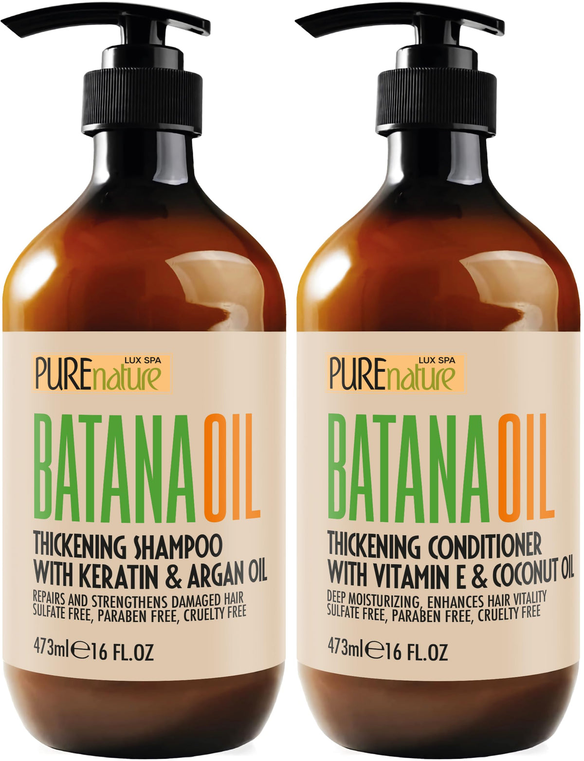 PURE NATURE LUX SPA front bottles showing set and salon-size benefit