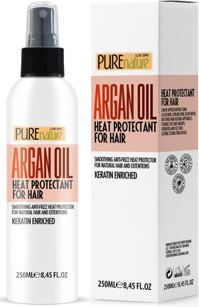 PURE NATURE LUX SPA front packaging showing argan heat spray and benefits