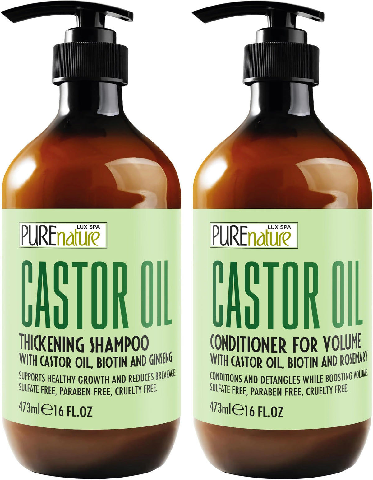 PURE NATURE LUX SPA front packaging showing volumizing shampoo and conditioner