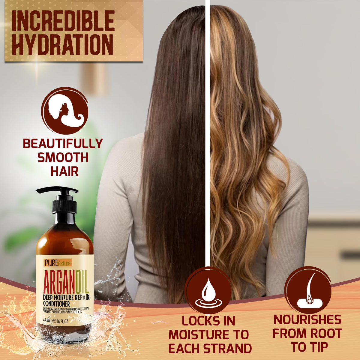 PURE NATURE LUX SPA before and after hair showing smoother shine
