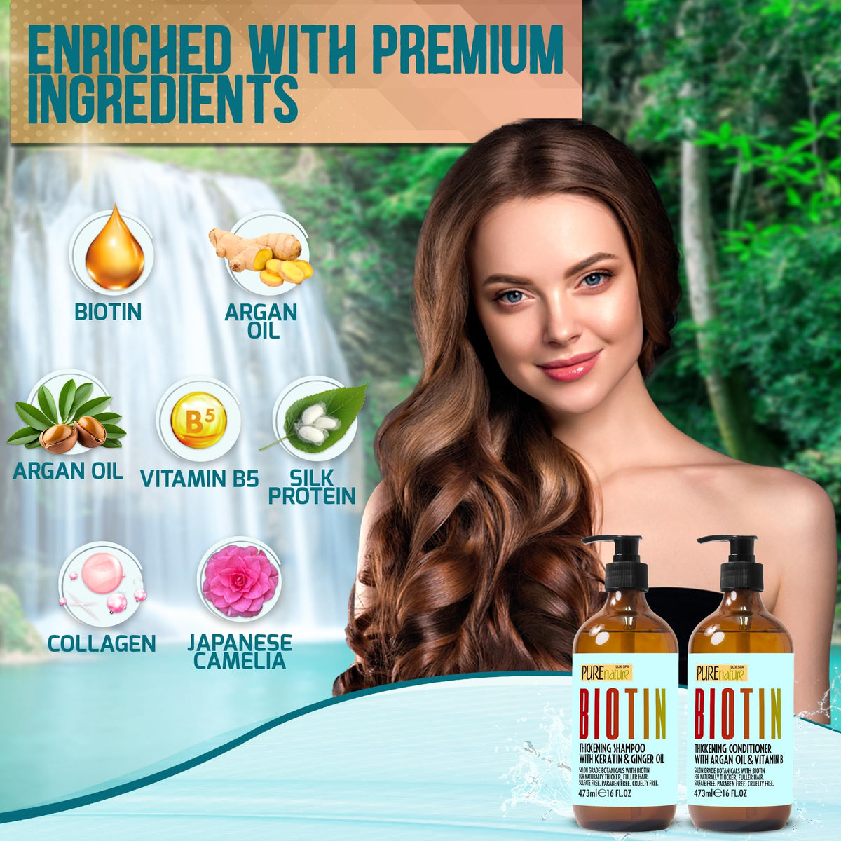 PURE NATURE LUX SPA bottles on bathroom shelf with brush and towel, lifestyle shot promoting daily routine ease