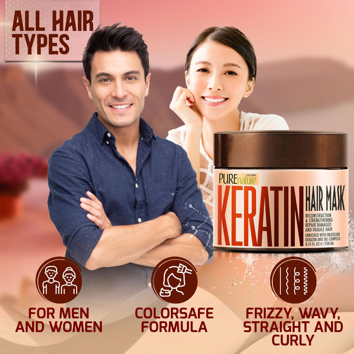 PURE NATURE LUX SPA after use shiny smooth hair showing reduced frizz benefit
