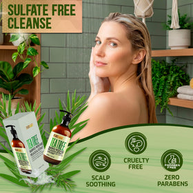 PURE NATURE LUX SPA label close-up listing tea tree and sulfate-free benefit