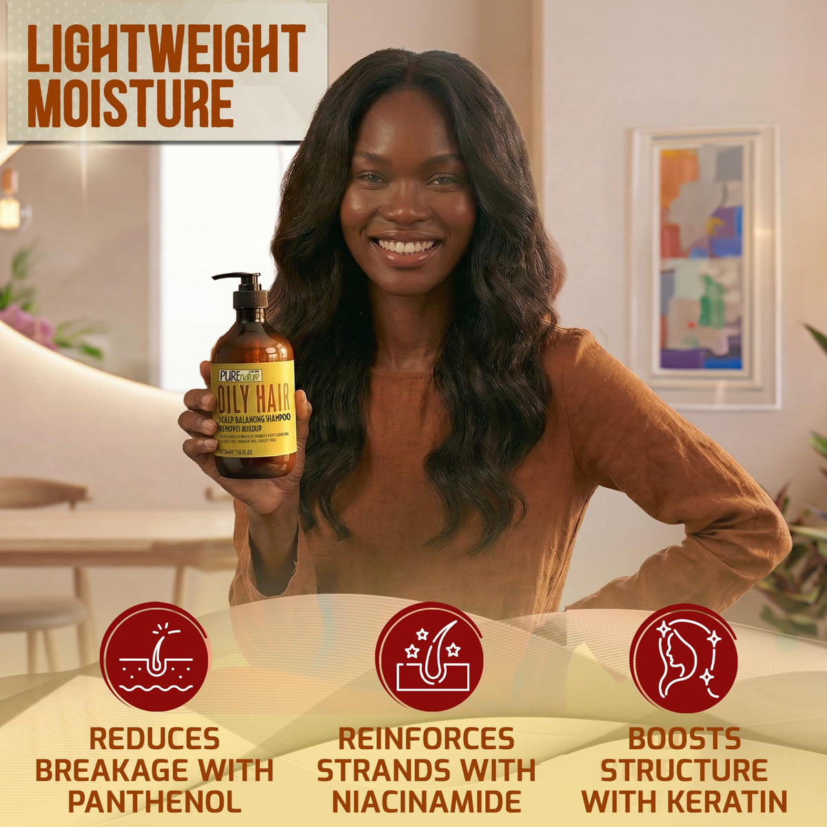PURE NATURE LUX SPA bottle on bathroom shelf showing everyday use benefit