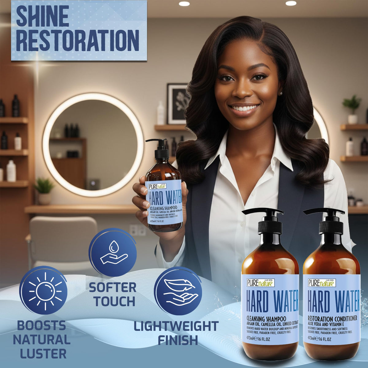 PURE NATURE LUX SPA lifestyle bathroom setup showing salon-quality care