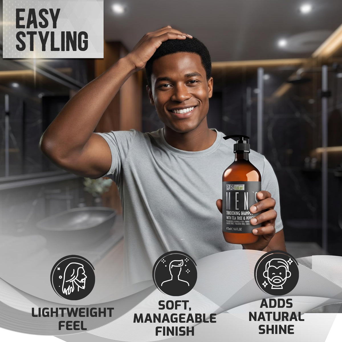 PURE NATURE LUX SPA shampoo on bathroom shelf in a men’s grooming scene