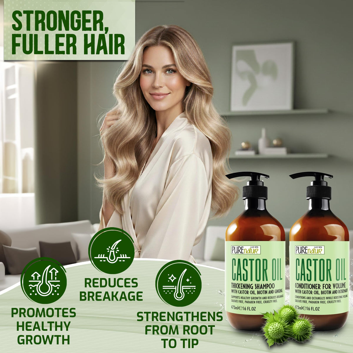 PURE NATURE LUX SPA pump dispensing shampoo highlighting easy application