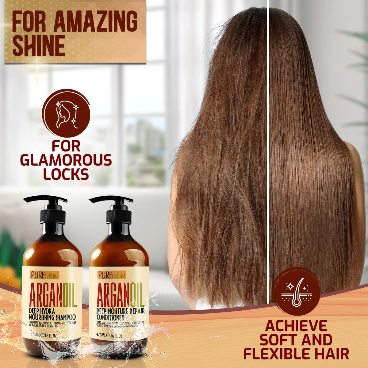 Pure Nature Lux Spa shampoo lather in wet hair showing gentle cleansing and reduced frizz