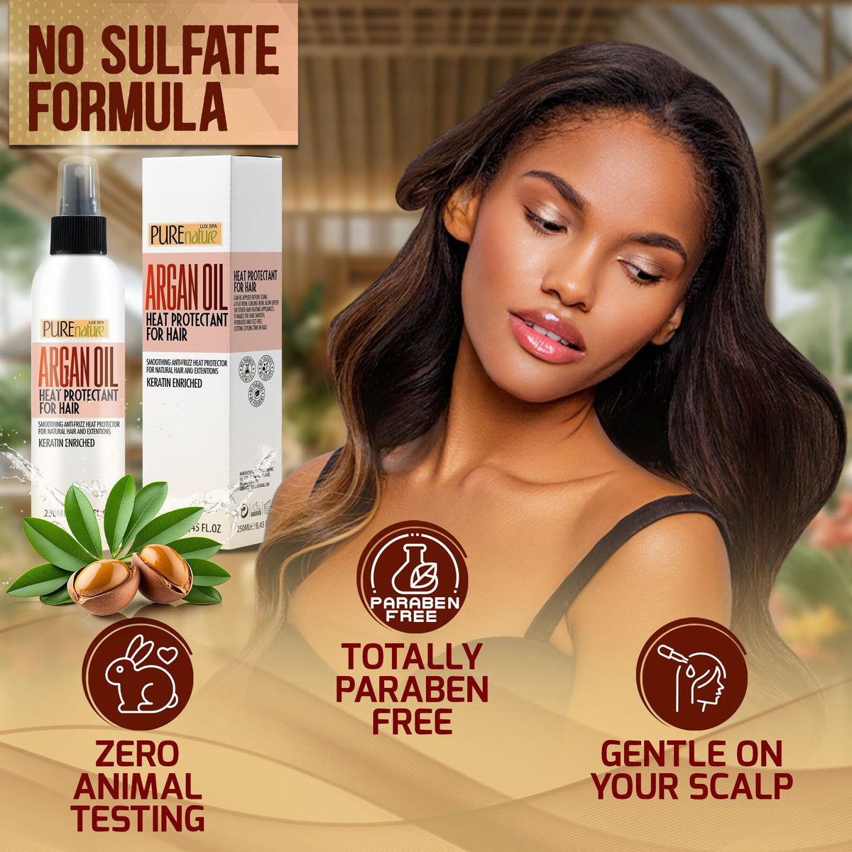 PURE NATURE LUX SPA styled shiny hair after heat protectant for frizz control