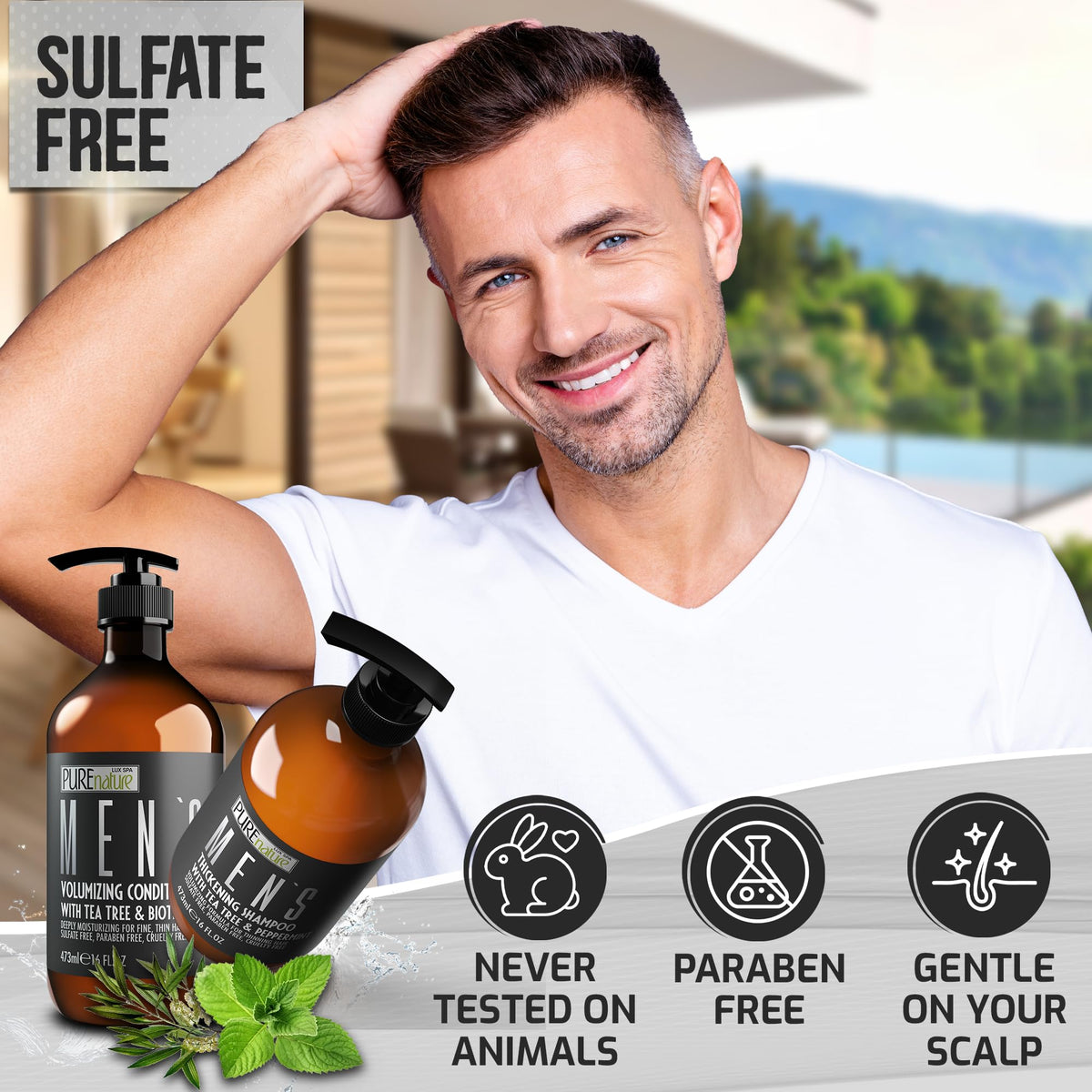 PURE NATURE LUX SPA shampoo texture on hand demonstrating rich lather