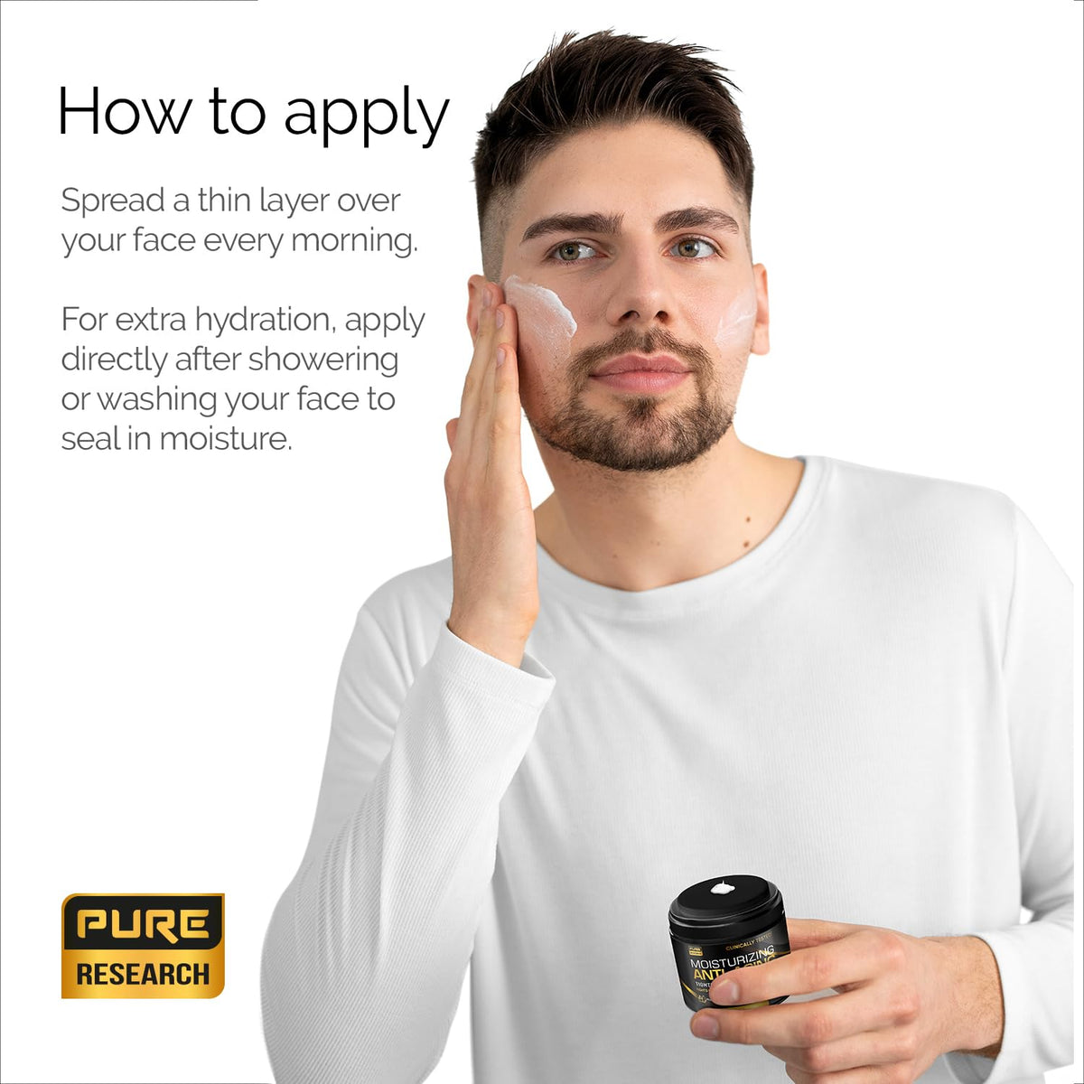 PURE RESEARCH application in hand demonstrating spreadability and lightweight feel