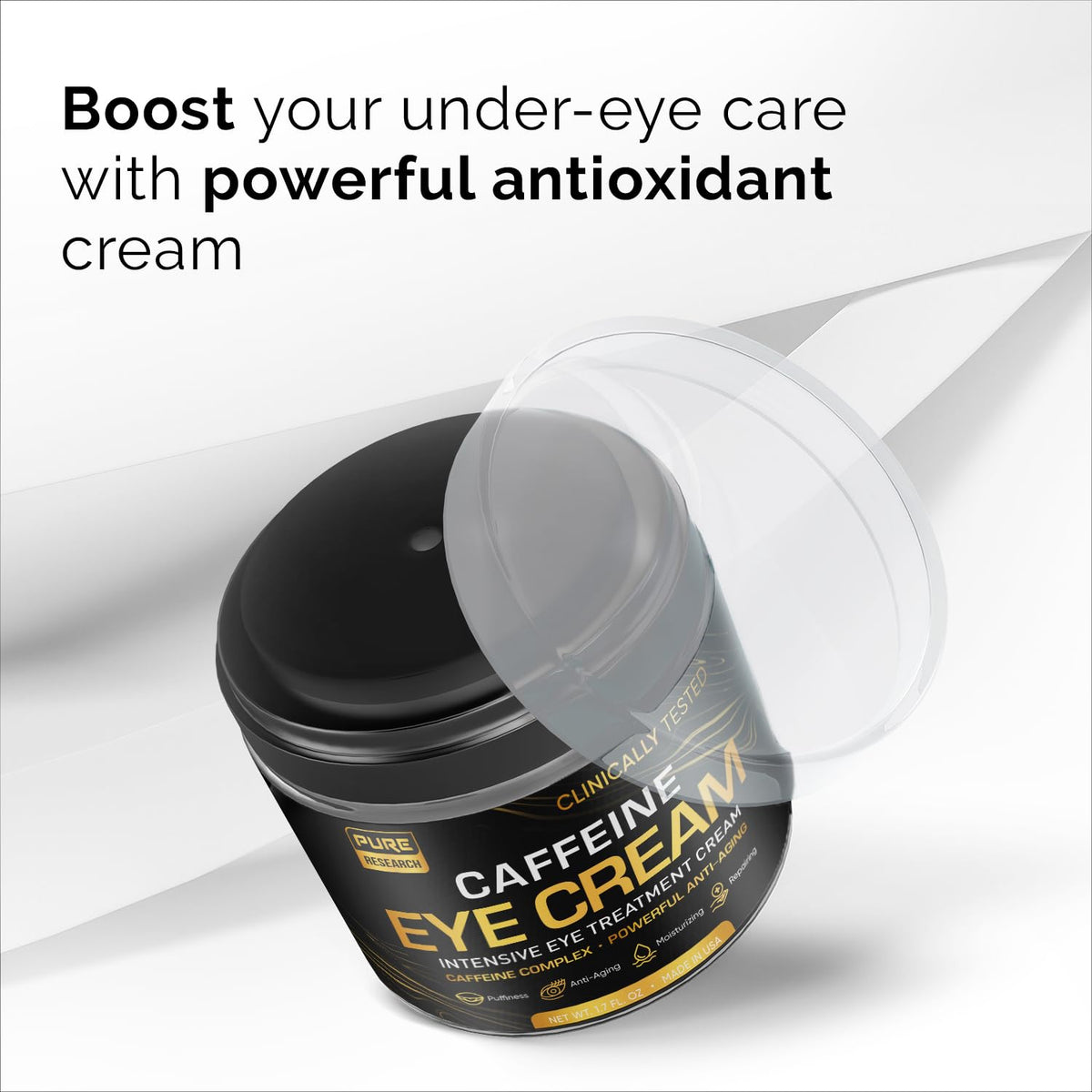 PURE RESEARCH eye cream on bathroom counter suggesting daily morning routine use