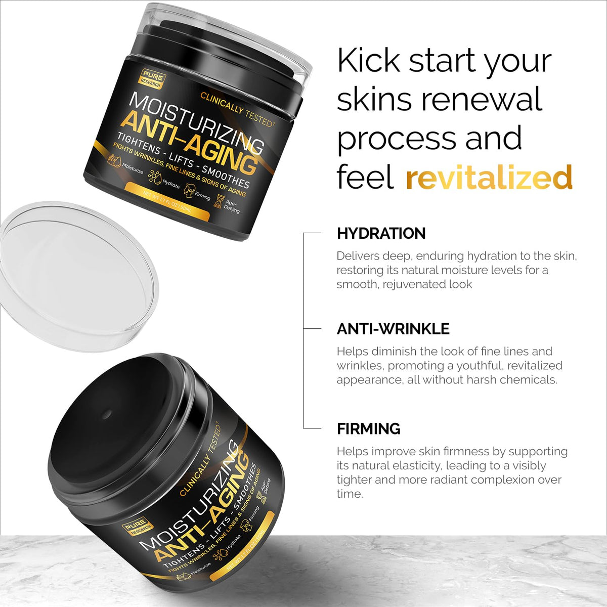 PURE RESEARCH ingredients label highlighting retinol, hyaluronic acid and peptides