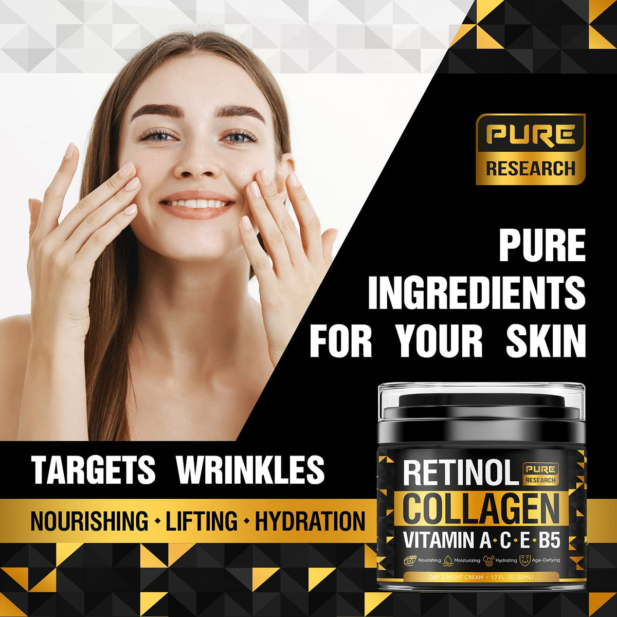 PURE RESEARCH ingredients flatlay with hyaluronic acid and botanicals, shows nourishing formula