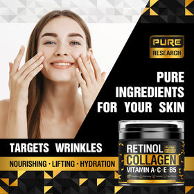 PURE RESEARCH ingredients flatlay with hyaluronic acid and botanicals, shows nourishing formula