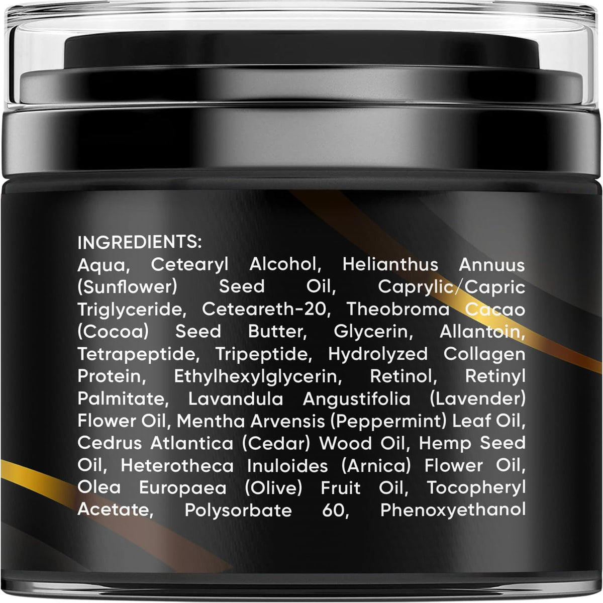 PURE RESEARCH product label close-up highlighting retinol, collagen, and paraben-free claims