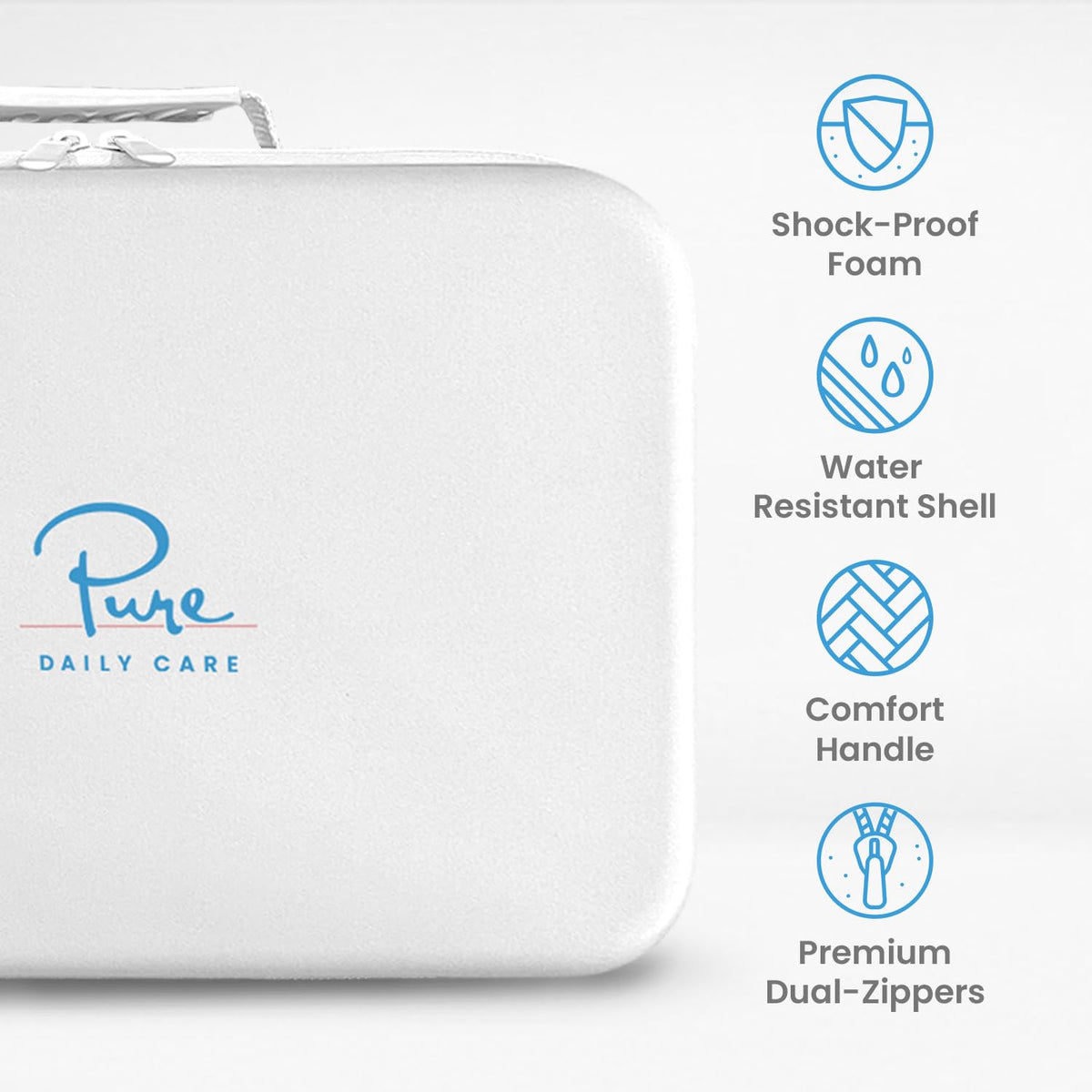 Pure Daily Care case beside hand to show scale and secure storage benefit