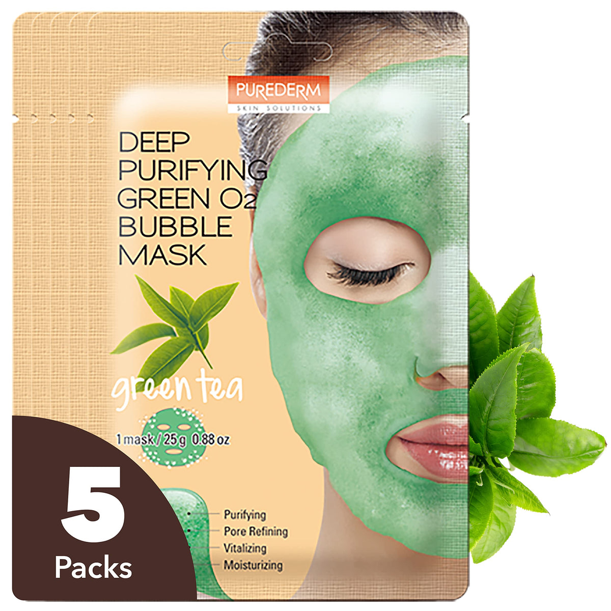 Purederm front packaging showing 5-pack, clear benefits and calming look