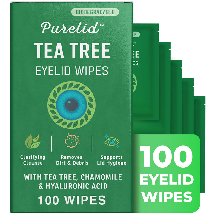 PURELID front packaging showing 100 sealed eyelid wipes for gentle cleansing