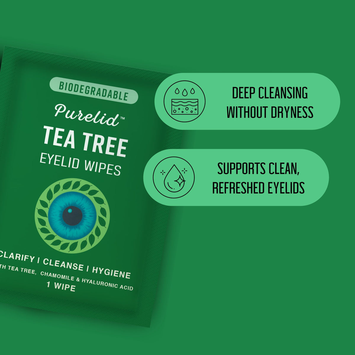 PURELID ingredients label highlighting tea tree, chamomile, aloe and hyaluronic acid