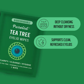 PURELID ingredients label highlighting tea tree, chamomile, aloe and hyaluronic acid