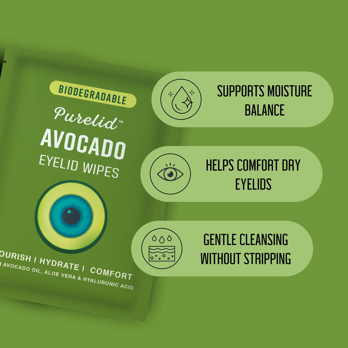 PURELID wipe cleansing eyelash and lid for debris removal