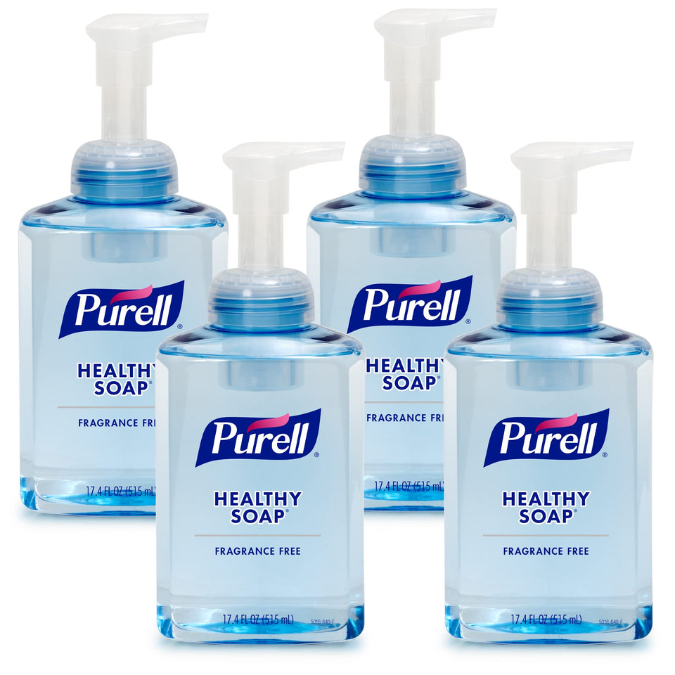 PURELL front view table-top pump bottle showing clear label and pump benefits