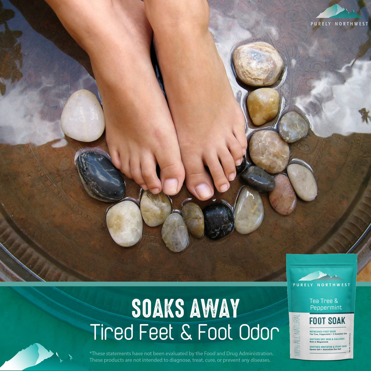 Purely Northwest foot basin soak in use demonstrating soothing relief