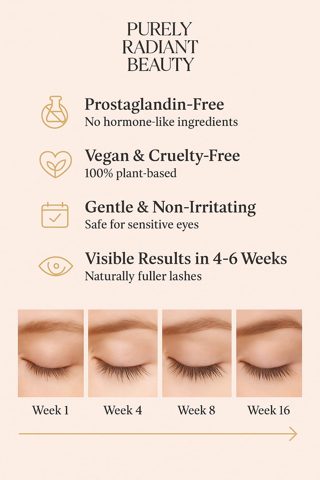 Purely Radiant before and after lashes comparison demonstrating fuller, thicker-looking results