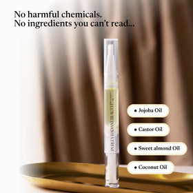 Purely Radiant pen in hand displaying compact travel-friendly size