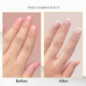 Purely Radiant on vanity with pen and tools for daily nail care routine