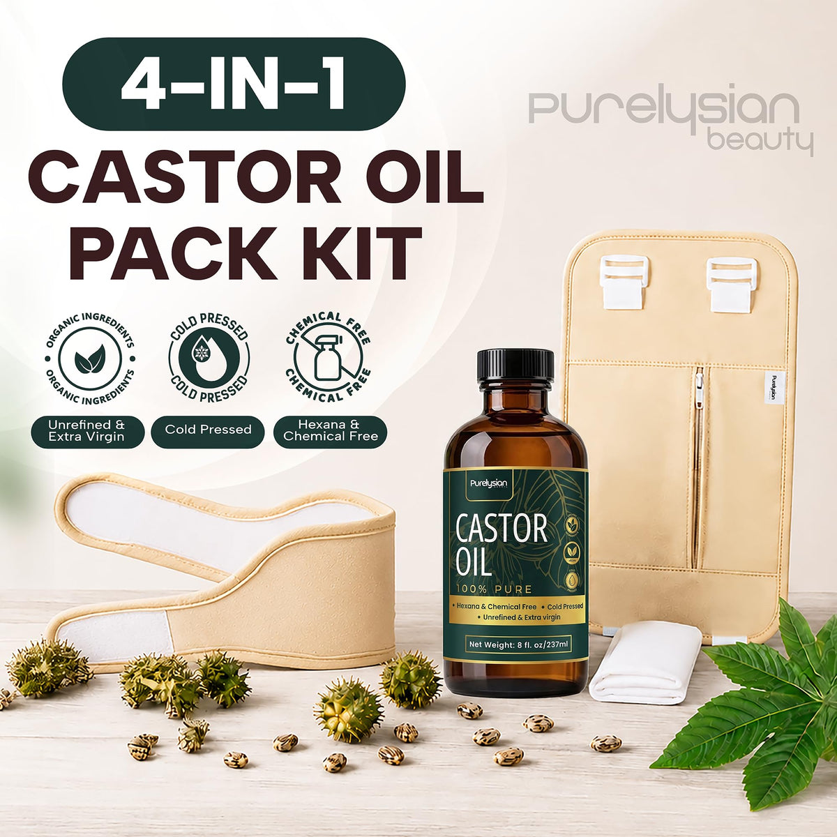 Purelysian Beauty glass bottle close-up of cold-pressed castor oil quality