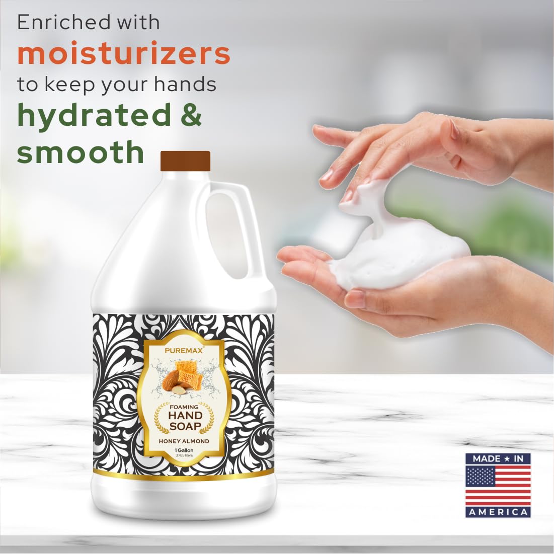 Puremax foaming pump dispensing creamy foam for moisturized hands