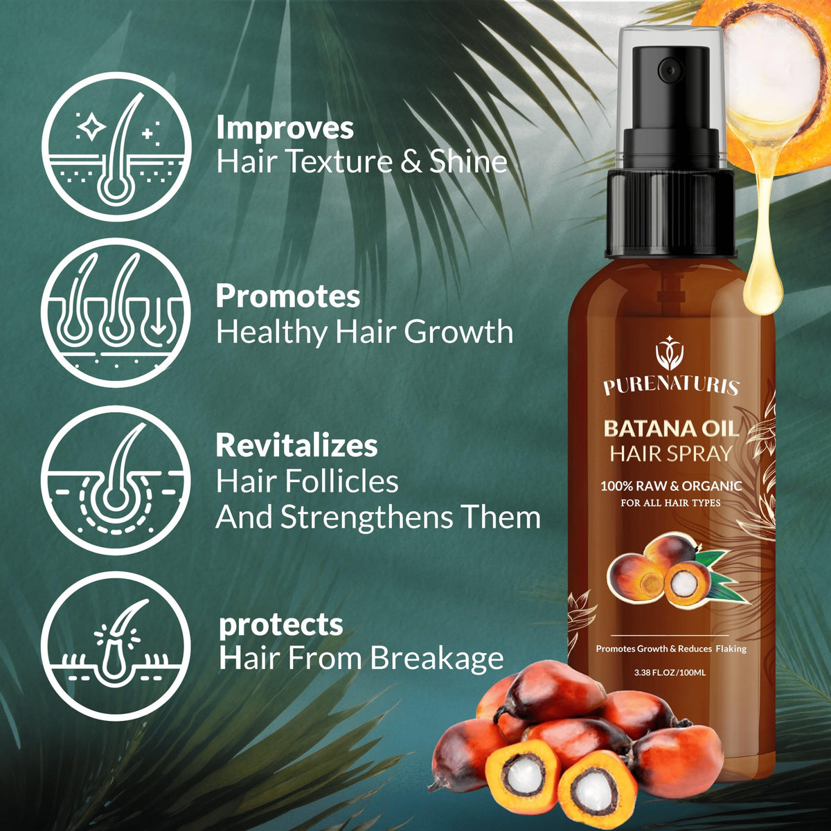 PureNaturis Batana oil bottle with natural ingredient focus for nutrient-rich hair support