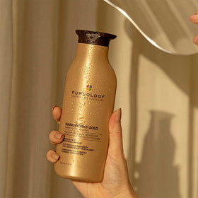 Pureology before and after shine comparison showing improved color radiance