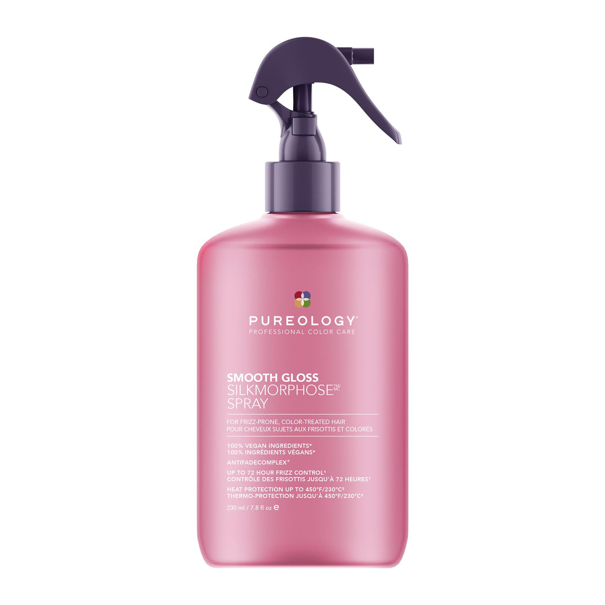 Pureology front packaging of Silkmorphose Spray showing sleek bottle and shade