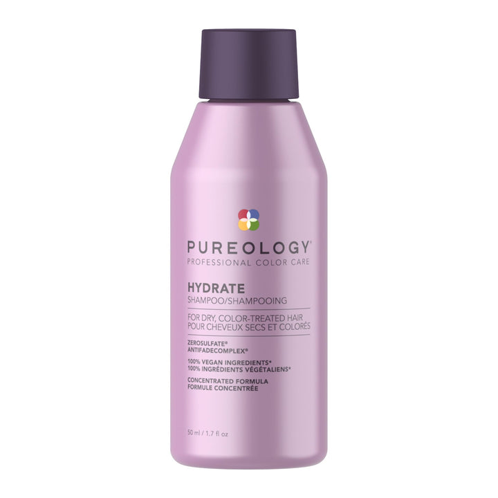 Pureology front bottle showing hydrating conditioner and travel size benefit