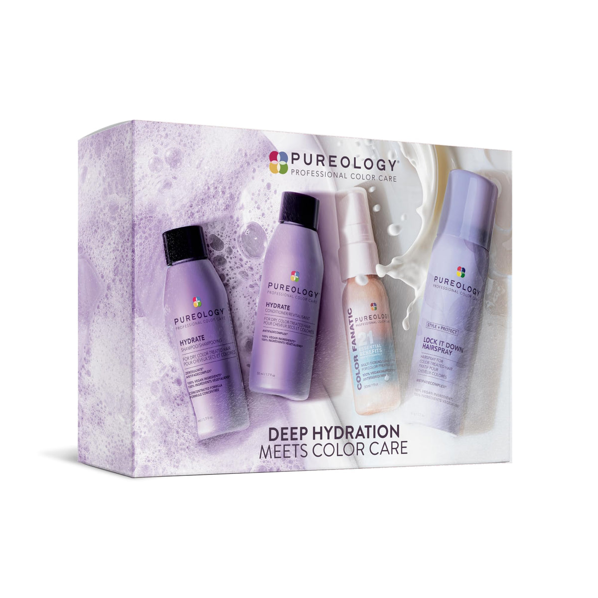 Pureology Hydrate Discovery Kit front view showing all four travel products and benefits