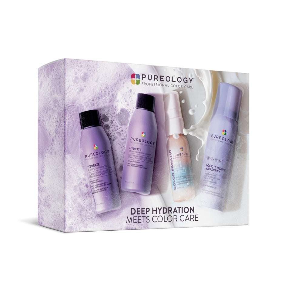 Pureology Hydrate Discovery Kit front view showing all four travel products and benefits