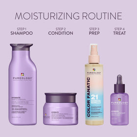 Pureology mask on bathroom shelf signaling salon-quality home care