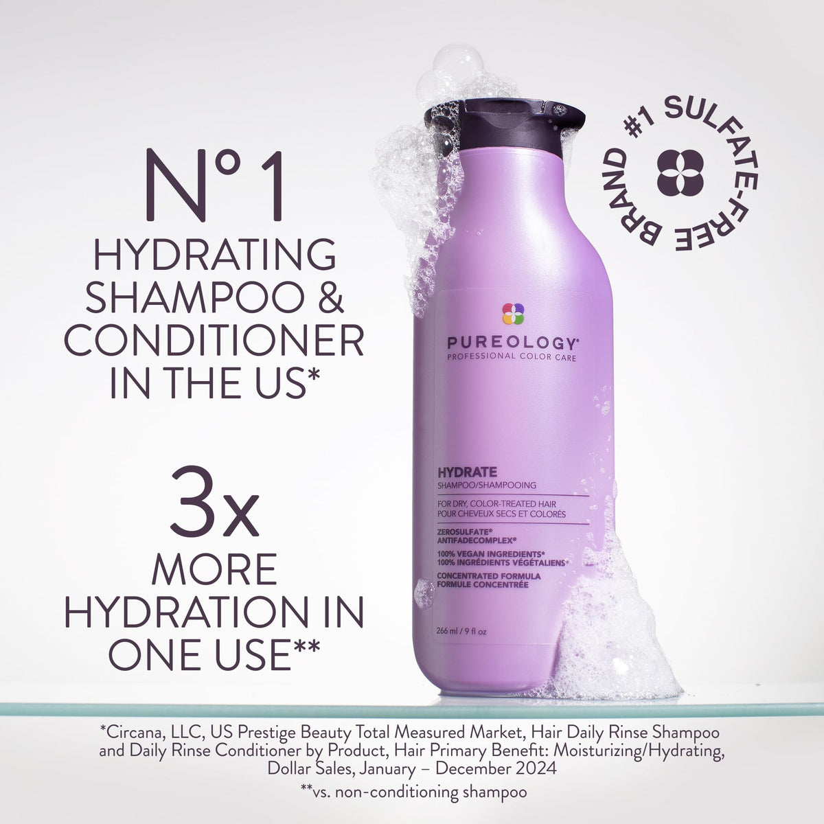 Pureology hydrate rich lather on hair demonstrating creamy cleansing benefit