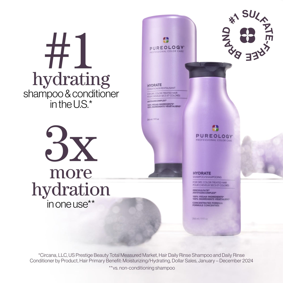 Pureology Hydrate shampoo and conditioner close-up showing creamy formulas and moisturizing benefit