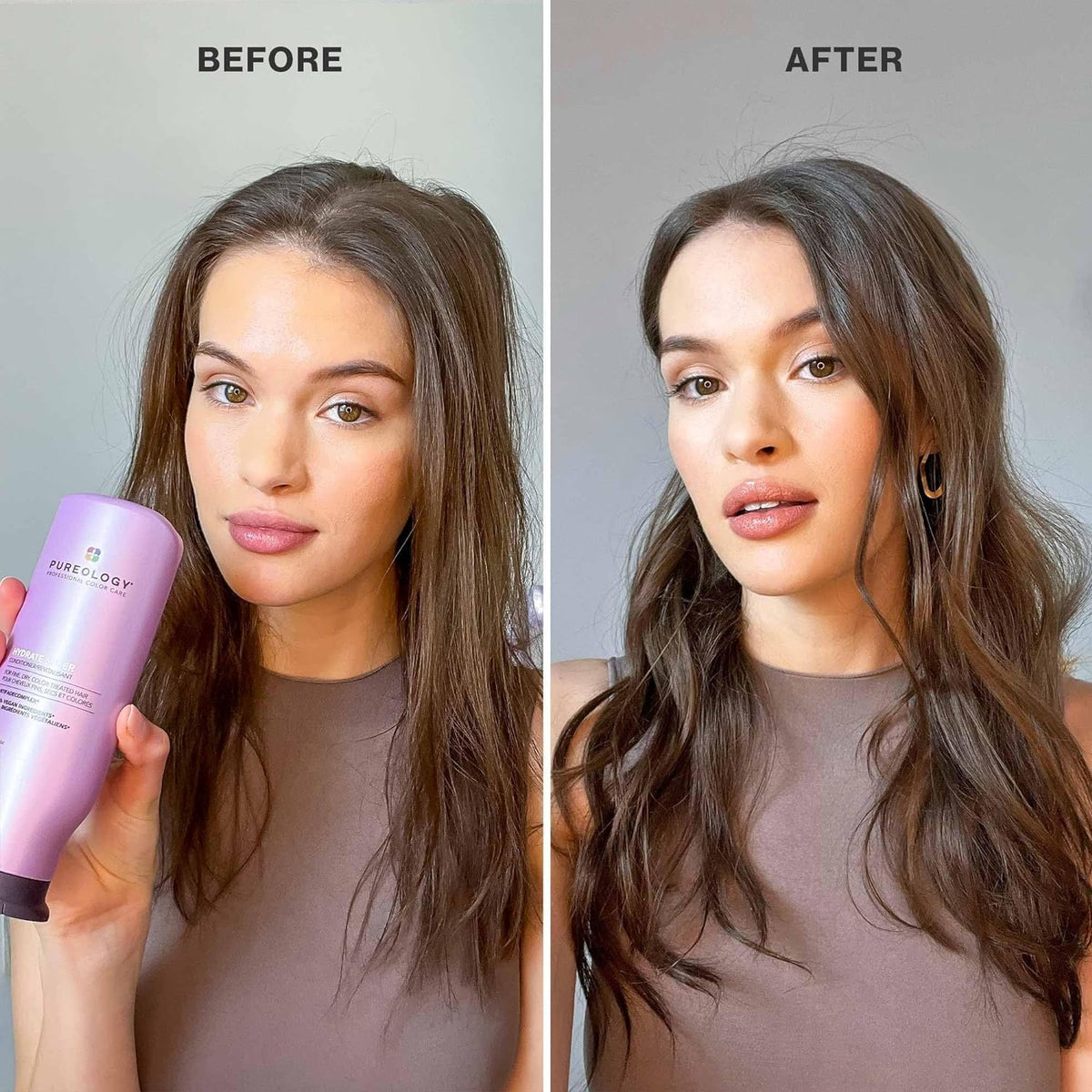 Pureology before and after on fine hair showing improved softness and shine