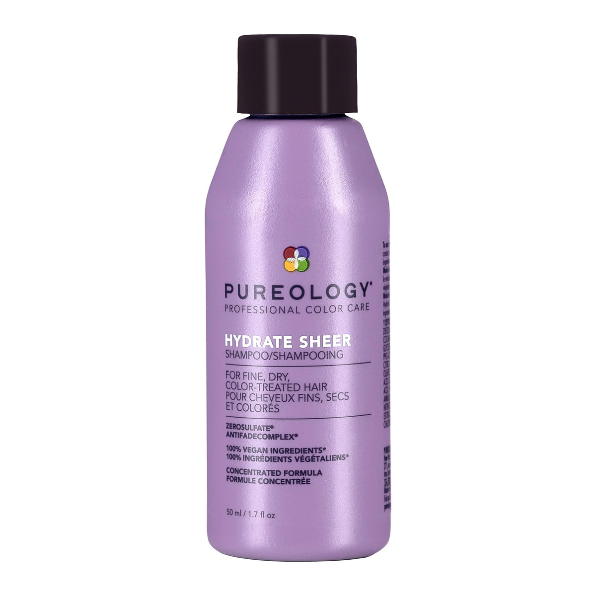 Pureology bottle front showing Hydrate Sheer Shampoo and travel size benefits